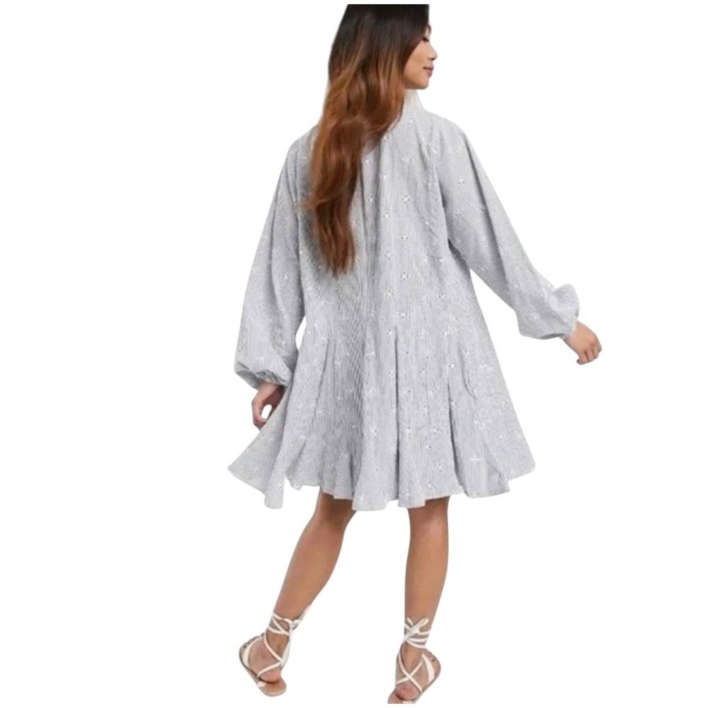 ASOS Design Blue White Striped Seersucker Eyelet Mini Dress Long Sleeve Sz 4 - Picture 3 of 10